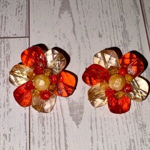 Vintage Floral Clip-On Earrings in Amber and Cream